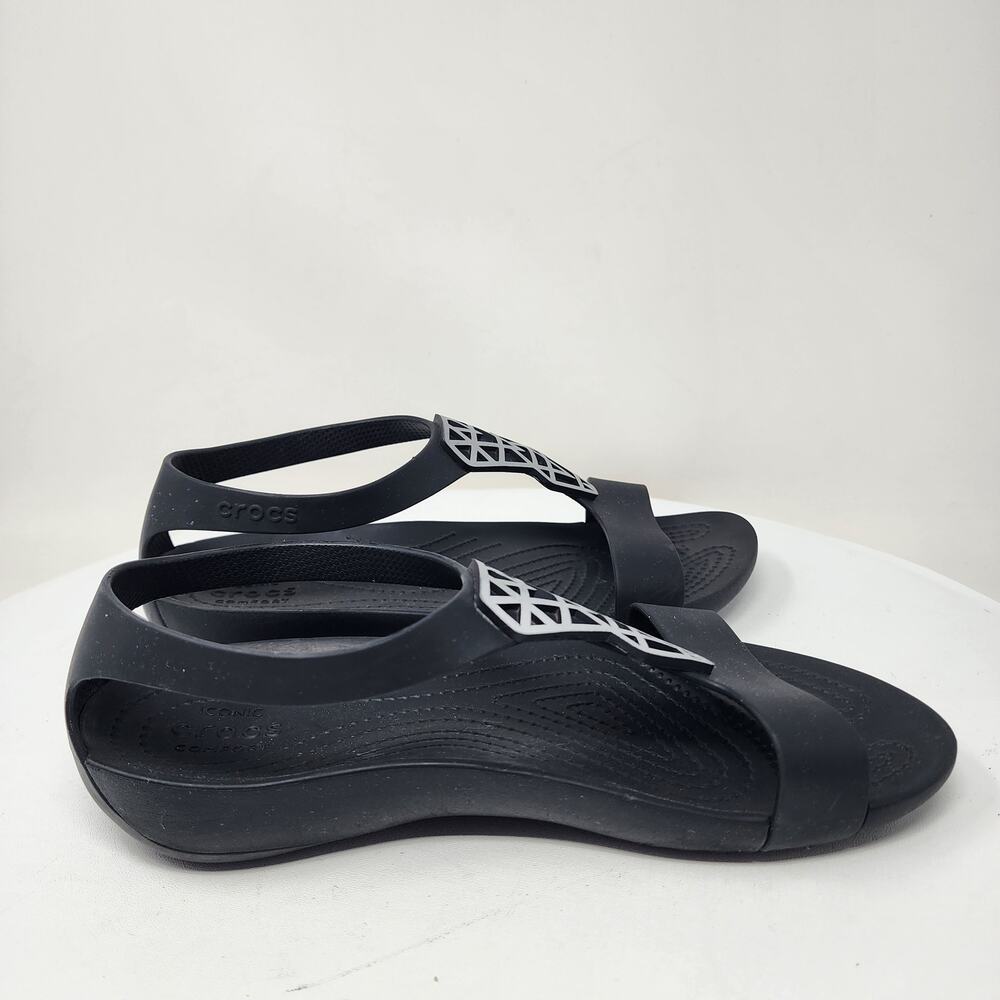 Crocs Serena Sexi Sandals Women 7 Black with Silver Diamond T-Strap Comfort - Picture 8 of 12